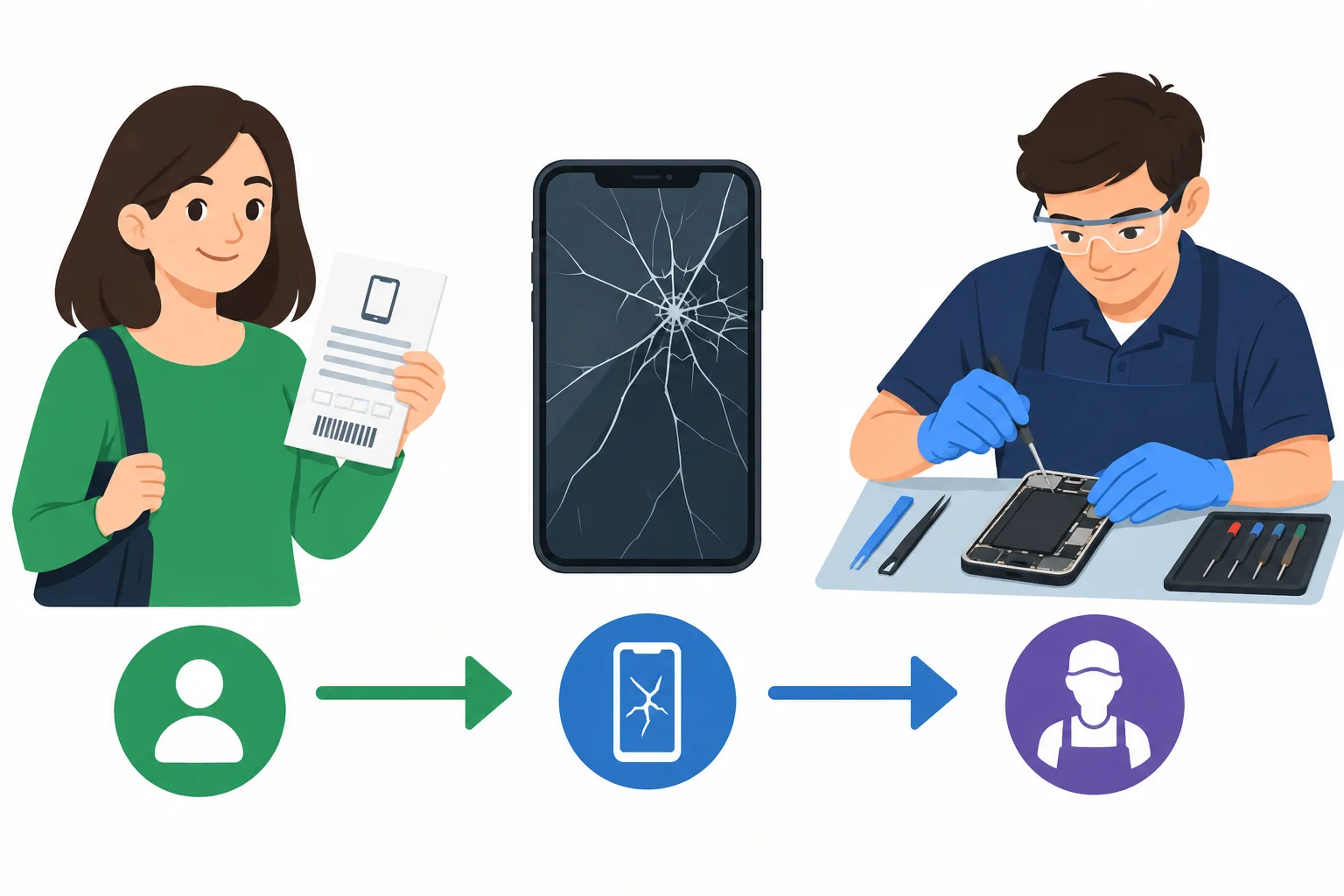 Diagrama com cliente, celular e técnico, mostrando quem providencia o serviço, o objeto reparado e quem executa o reparo.