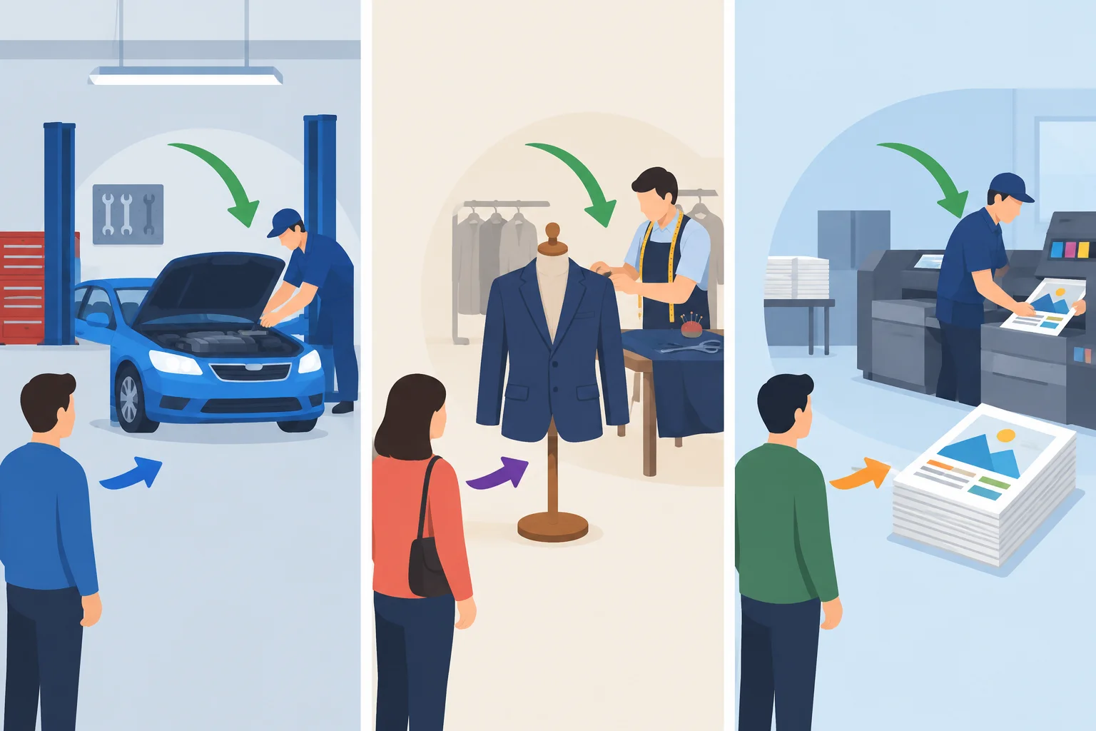Diagrama com um carro, uma jaqueta e documentos como objetos atendidos por profissionais.
