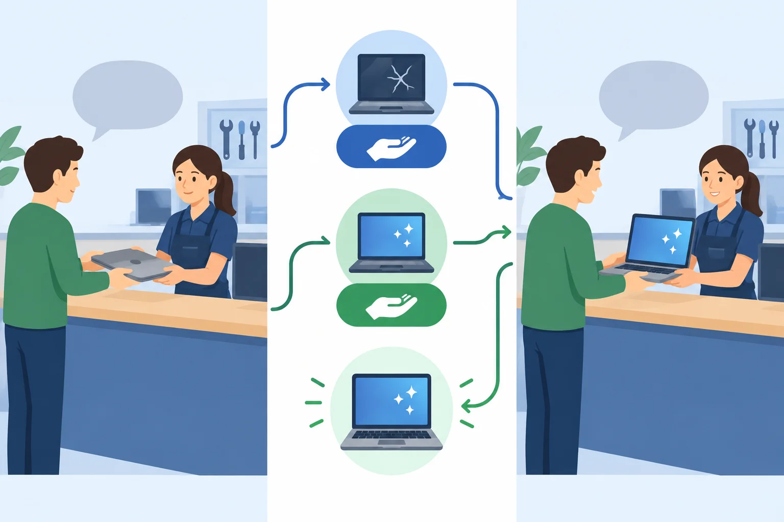 Diagrama mostrando have e get como dois caminhos equivalentes para um notebook reparado.