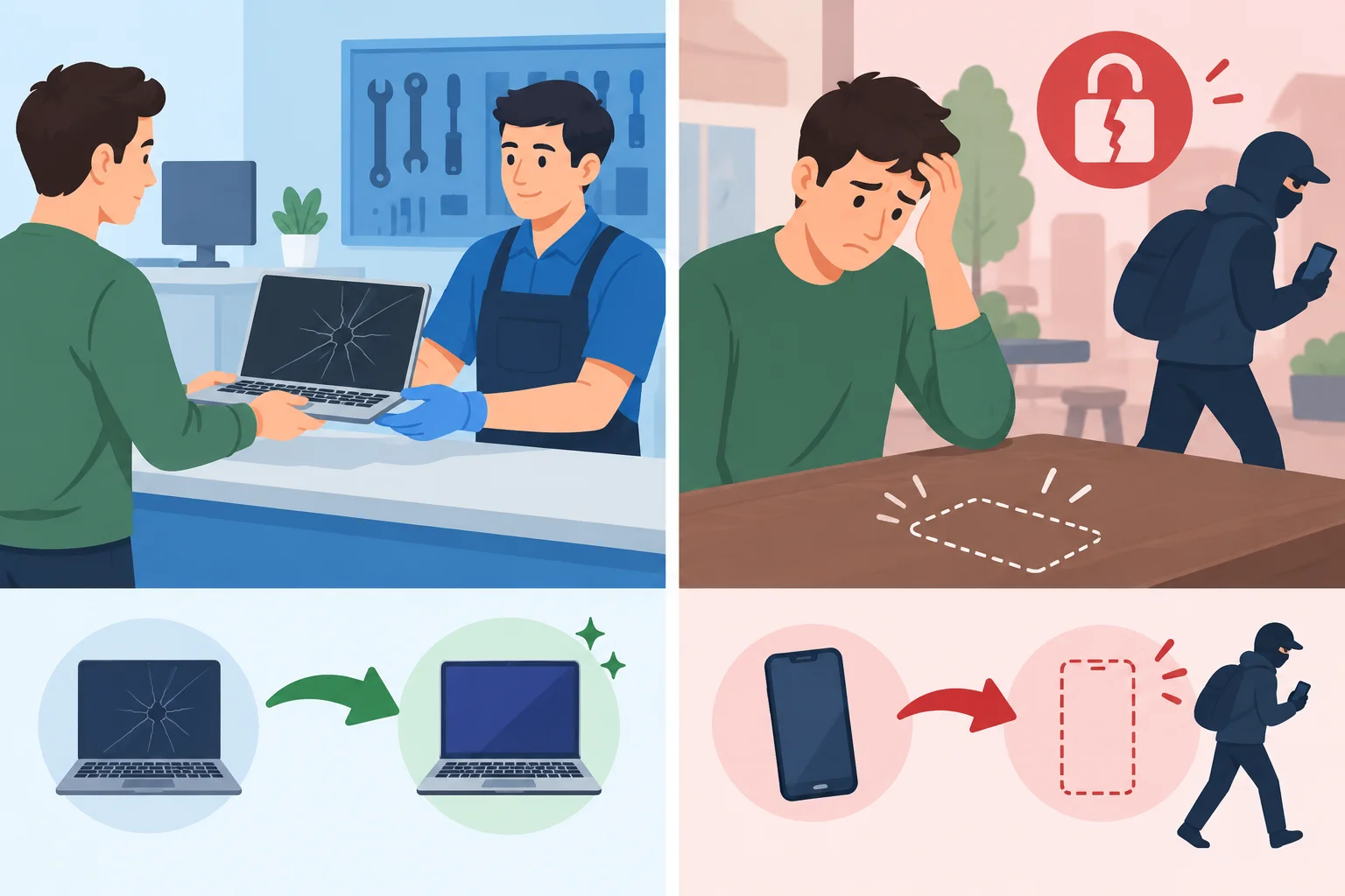 Comparação visual entre levar um laptop para conserto e ter um celular roubado.