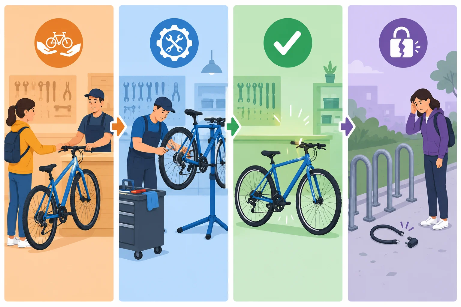 Infográfico com quatro cenas: serviço de reparo providenciado, reparo feito pela própria pessoa, bicicleta reparada em foco e bicicleta roubada como prejuízo.