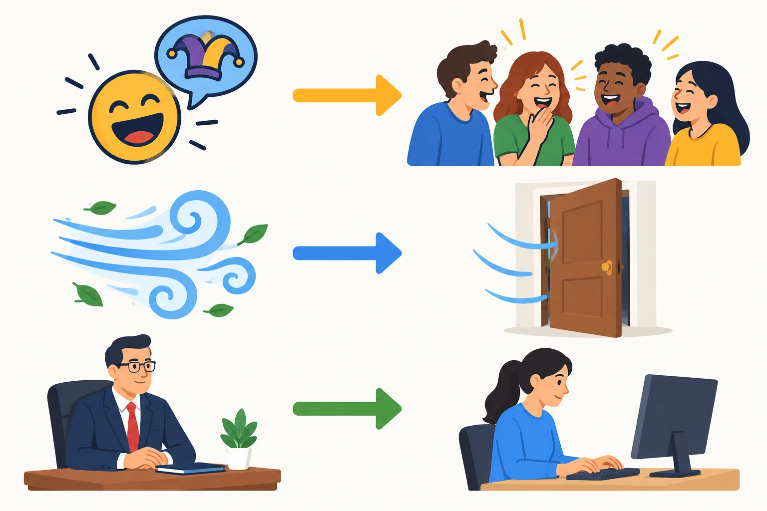 Diagrama com uma piada levando pessoas a rir, vento levando uma porta a se mover e uma gerente levando uma funcionária a digitar.