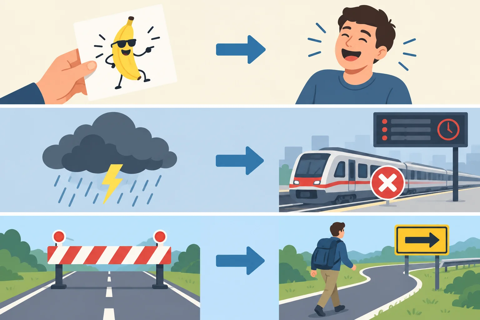 Três painéis mostram uma piada provocando riso, uma tempestade causando atrasos em trens e uma estrada fechada obrigando uma pessoa a usar um desvio.
