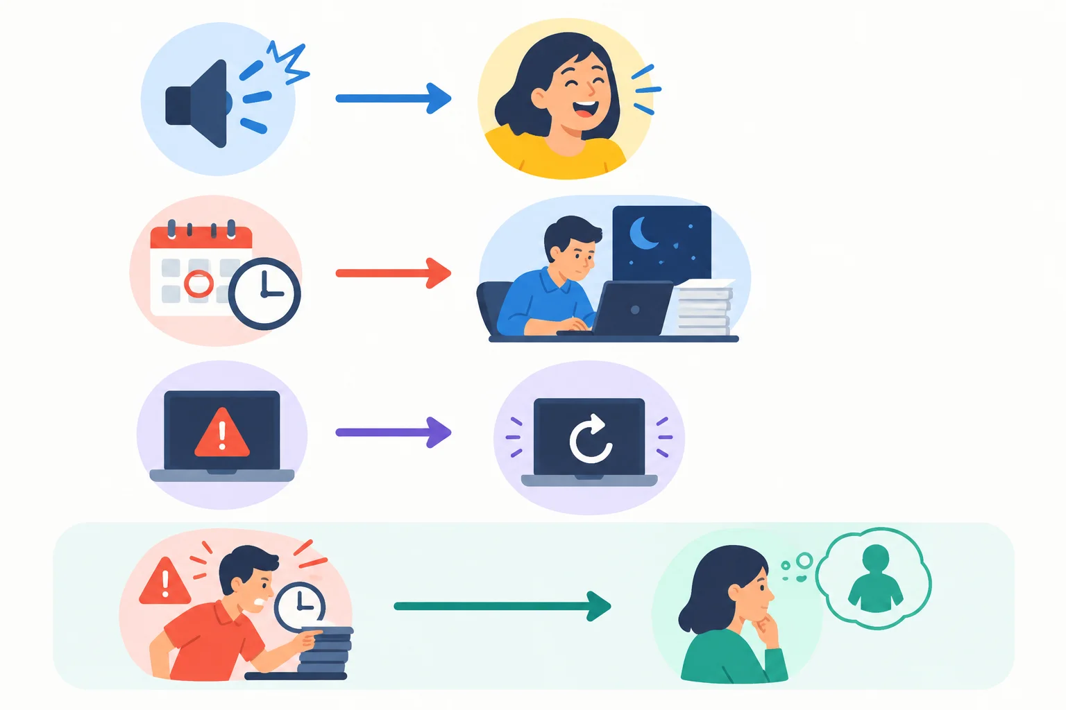 Diagrama com três relações: reação provocada, imposição e causa, além de uma mudança da perspectiva ativa para a passiva.