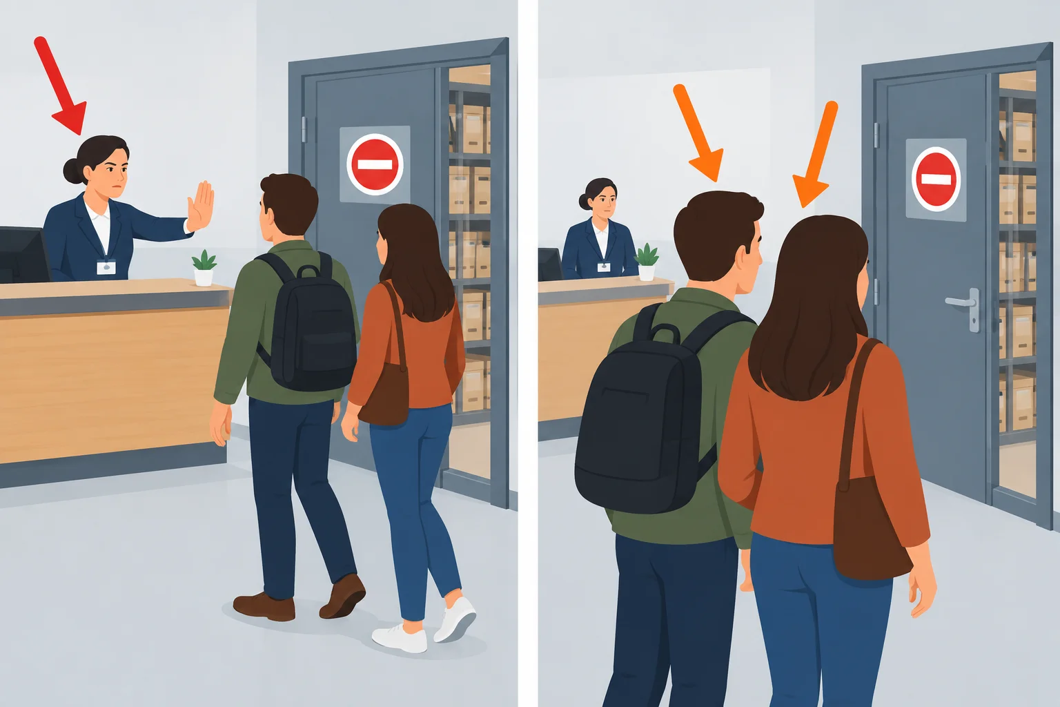 Comparação visual entre quem restringe a entrada e as pessoas que não têm autorização para entrar.