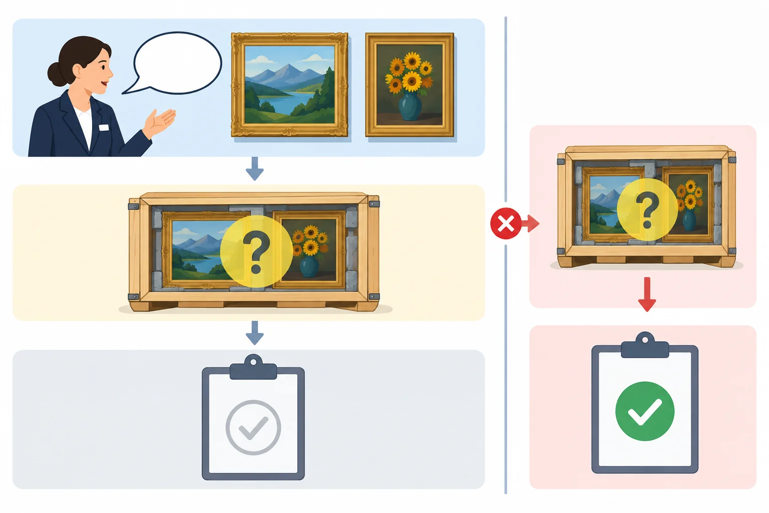 Diagrama com fonte, possibilidade de dano às pinturas e ausência de confirmação, contrastado com uma conclusão indevida de dano confirmado.