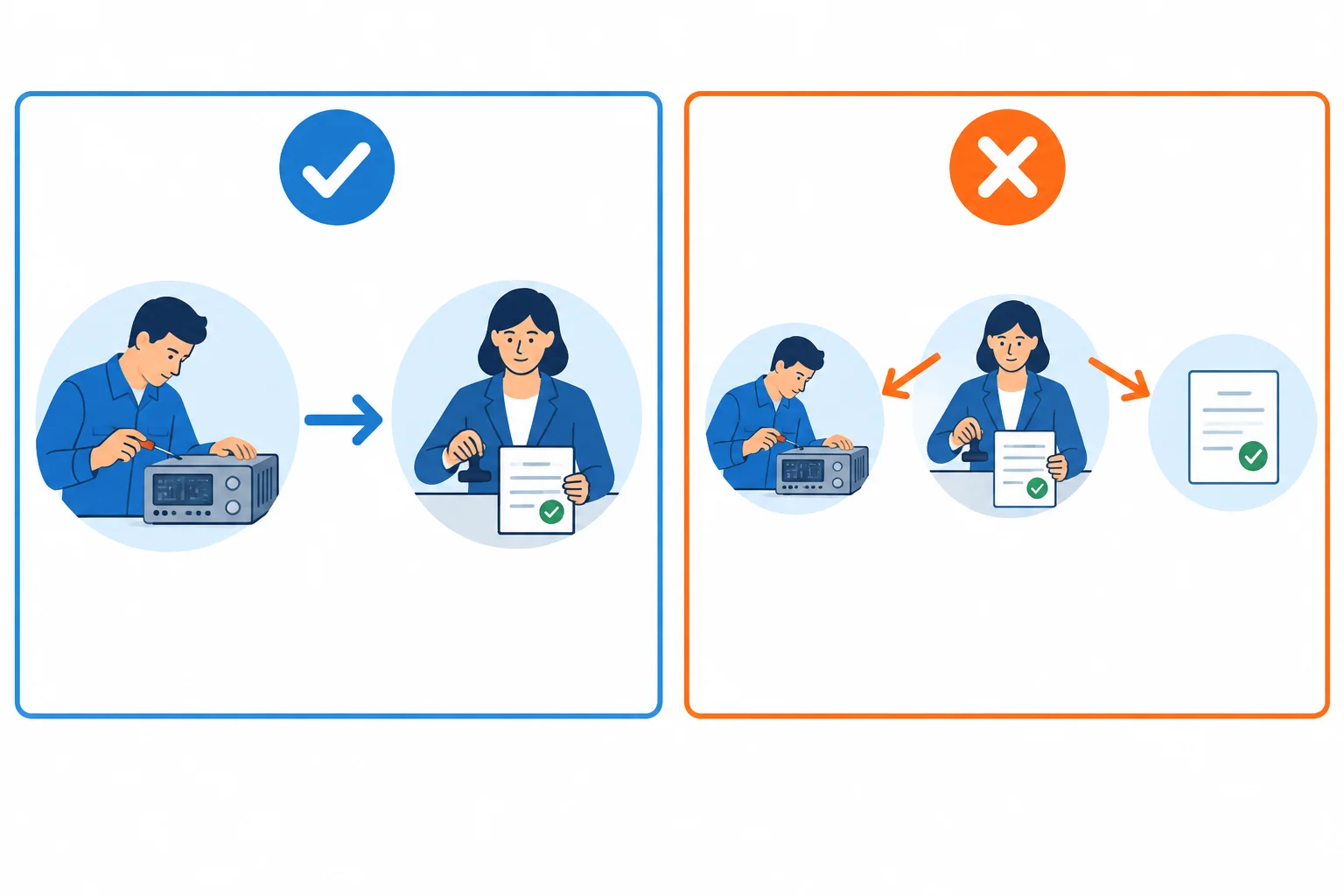 Comparação visual entre uma sequência correta, em que um técnico inspeciona um aparelho e uma gerente aprova um documento, e uma redução que liga incorretamente as duas ações à gerente.