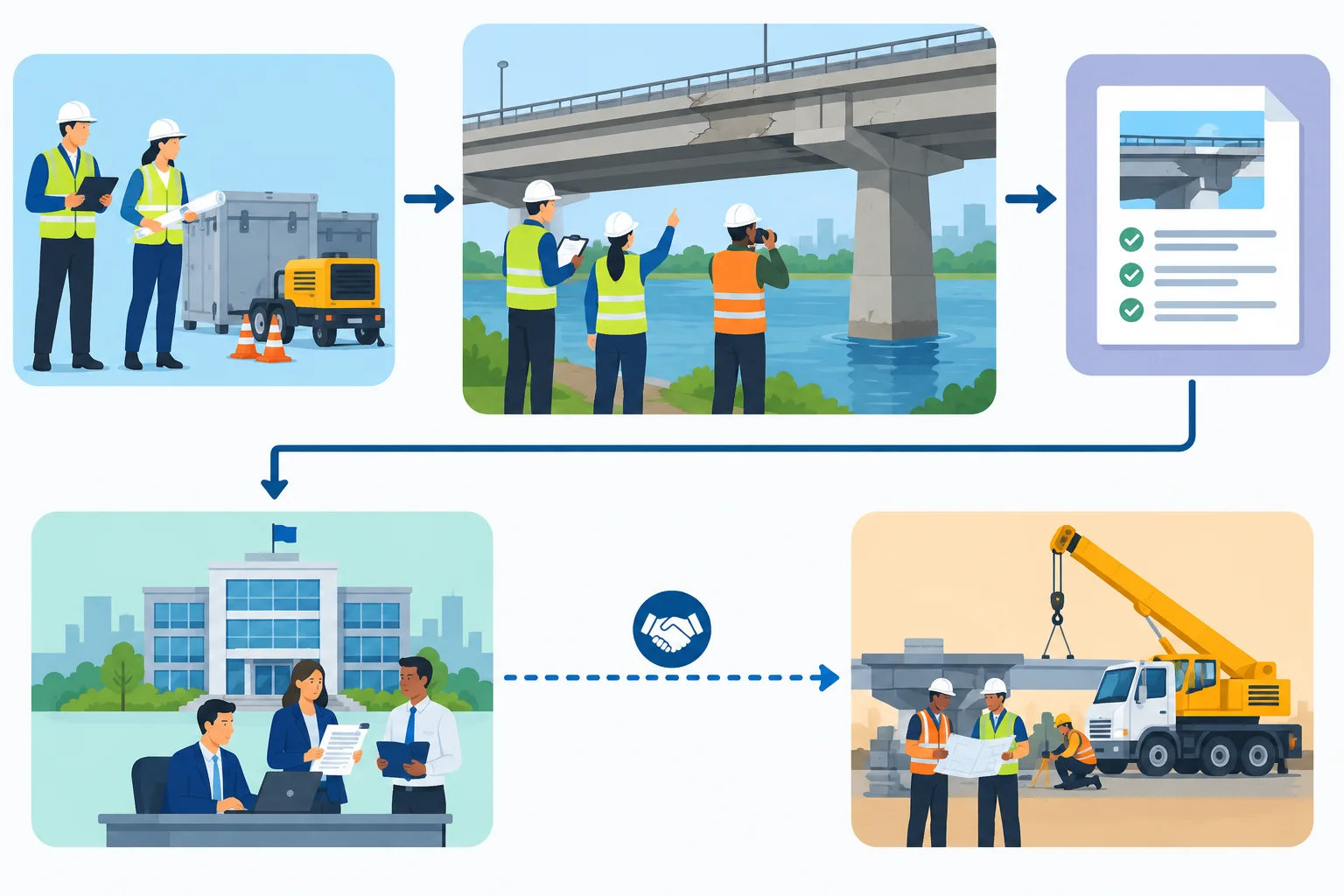 Diagrama com a inspeção da ponte antes dos reparos, os engenheiros, a equipe de segurança, a fonte em forma de relatório e a possibilidade de a cidade contratar uma empresa externa.