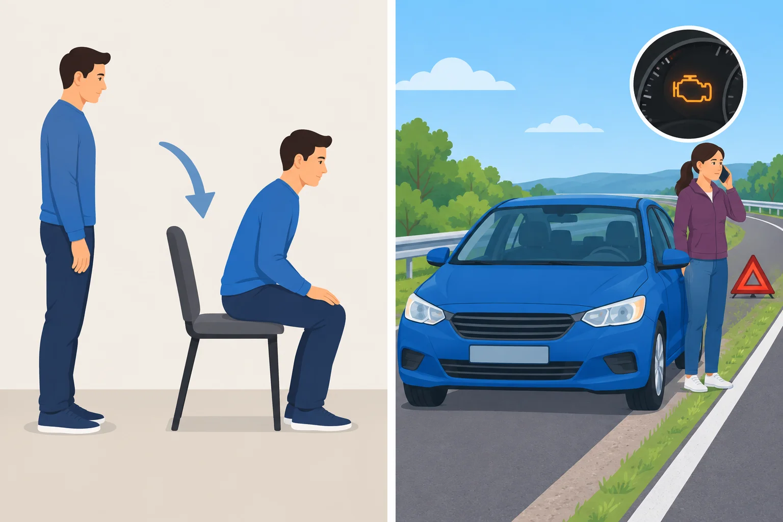 Comparação visual: uma pessoa se senta em uma cadeira; um carro parado na estrada não funciona.