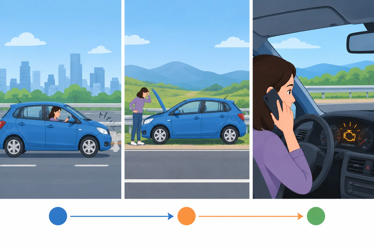 Três cenas do mesmo carro que deixa de funcionar: uma situação habitual, um episódio passado e um problema ainda relevante agora.
