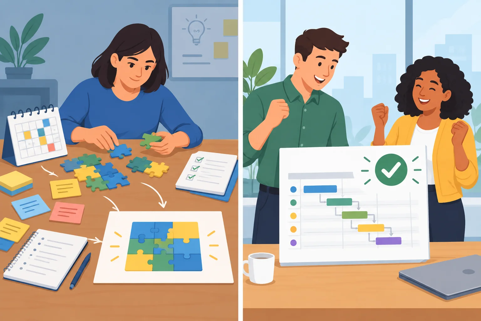 Comparação visual entre resolver um problema e um plano que teve um bom resultado.
