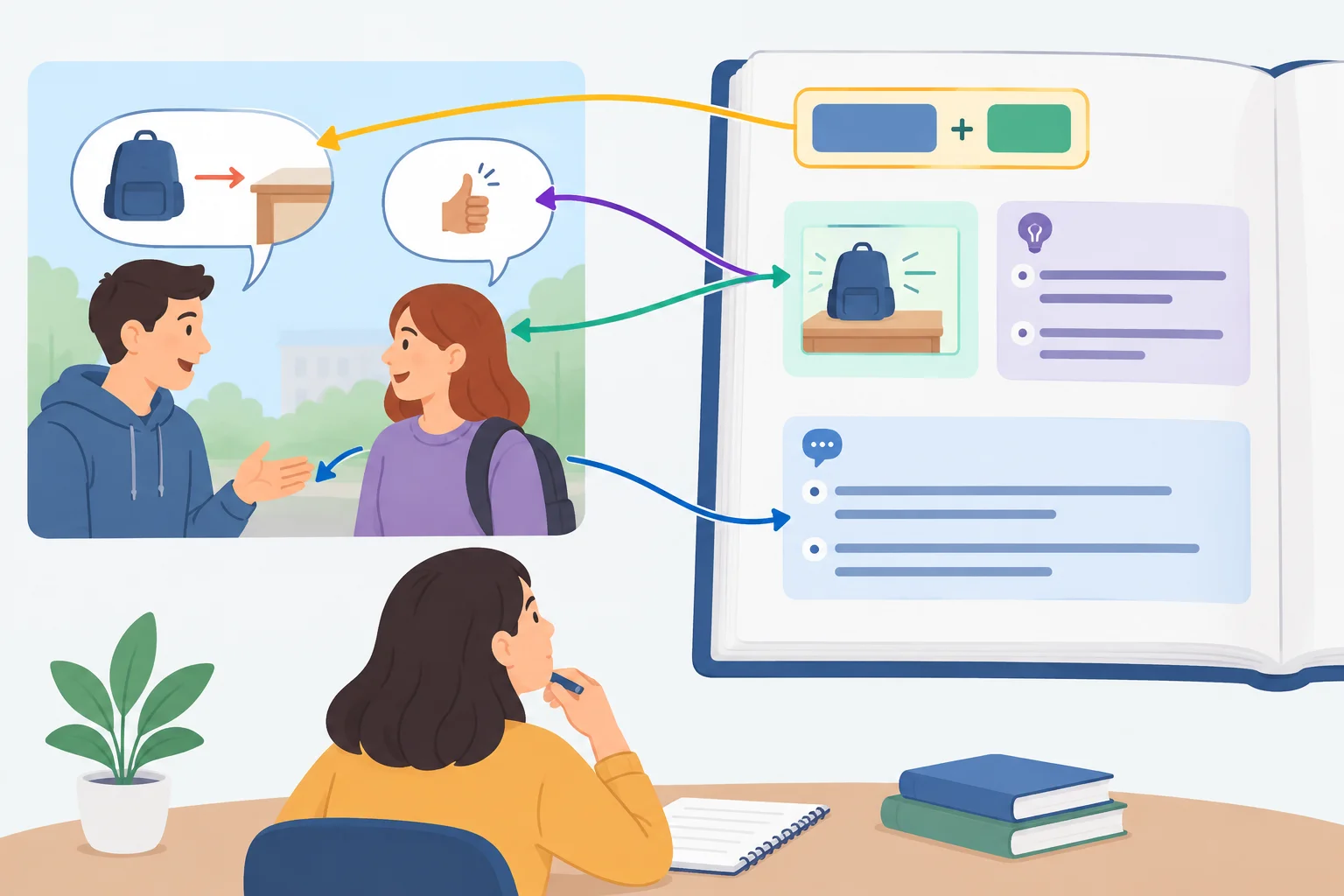 Diagrama mostrando a combinação completa ligada ao contexto, às definições e aos exemplos de um verbete.