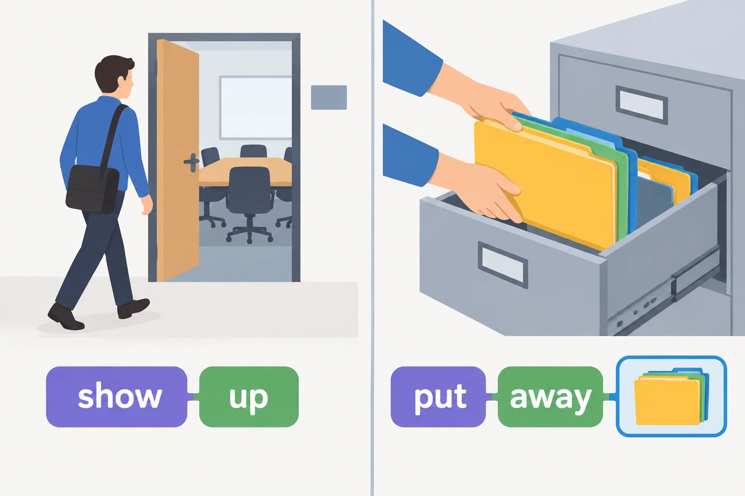 Comparação visual: show up aparece como ação completa; put away liga a ação a pastas que são guardadas.