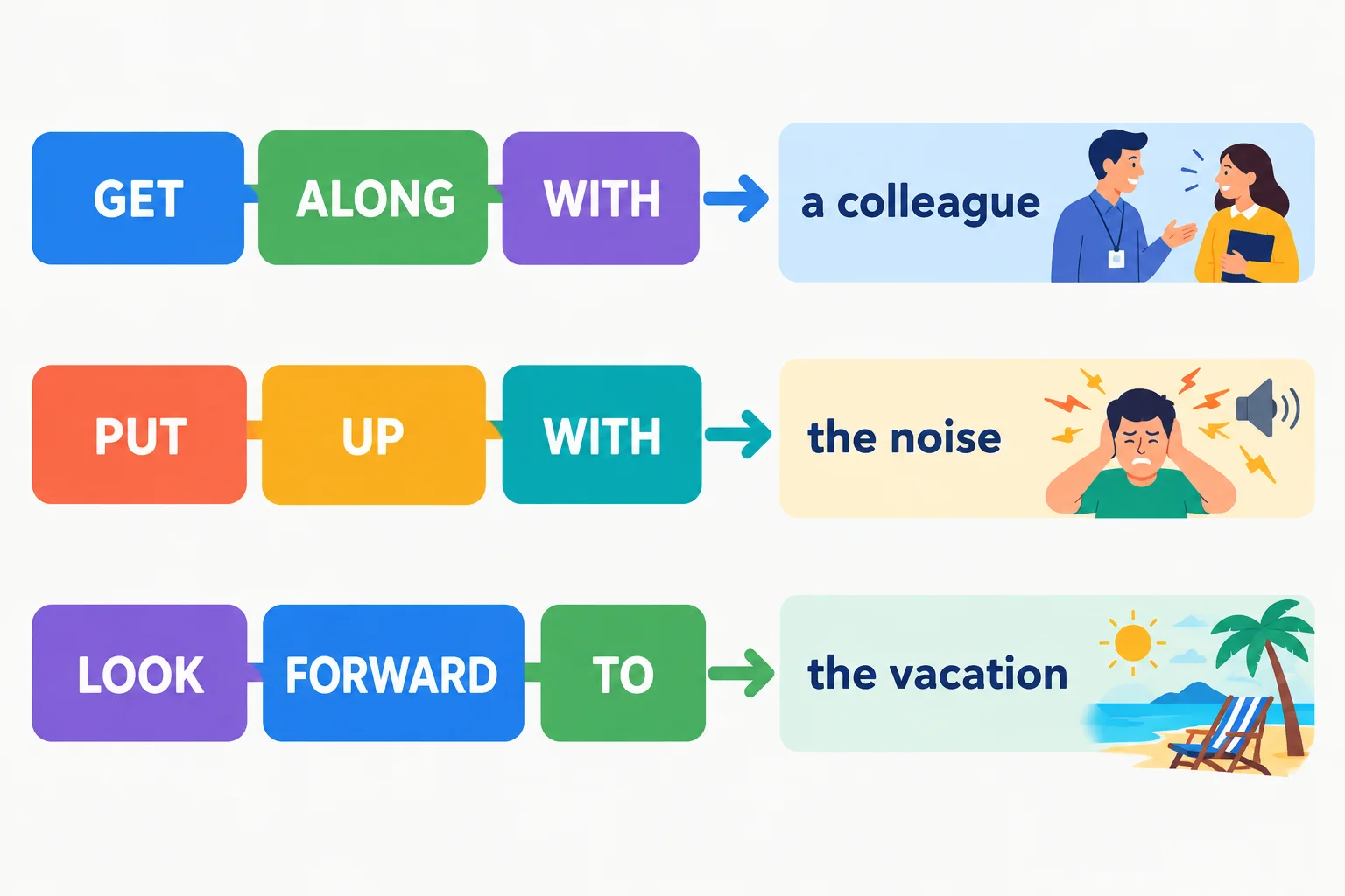 Três sequências de blocos mostram get along with, put up with e look forward to, seguidas por seus complementos.