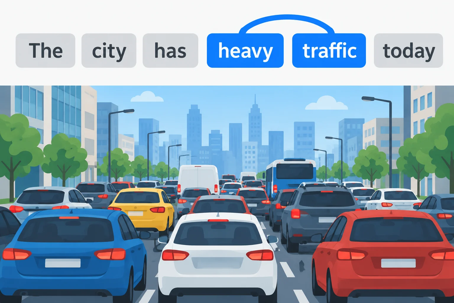 Na frase, as palavras heavy e traffic estão ligadas visualmente e associadas a uma rua com muitos carros.