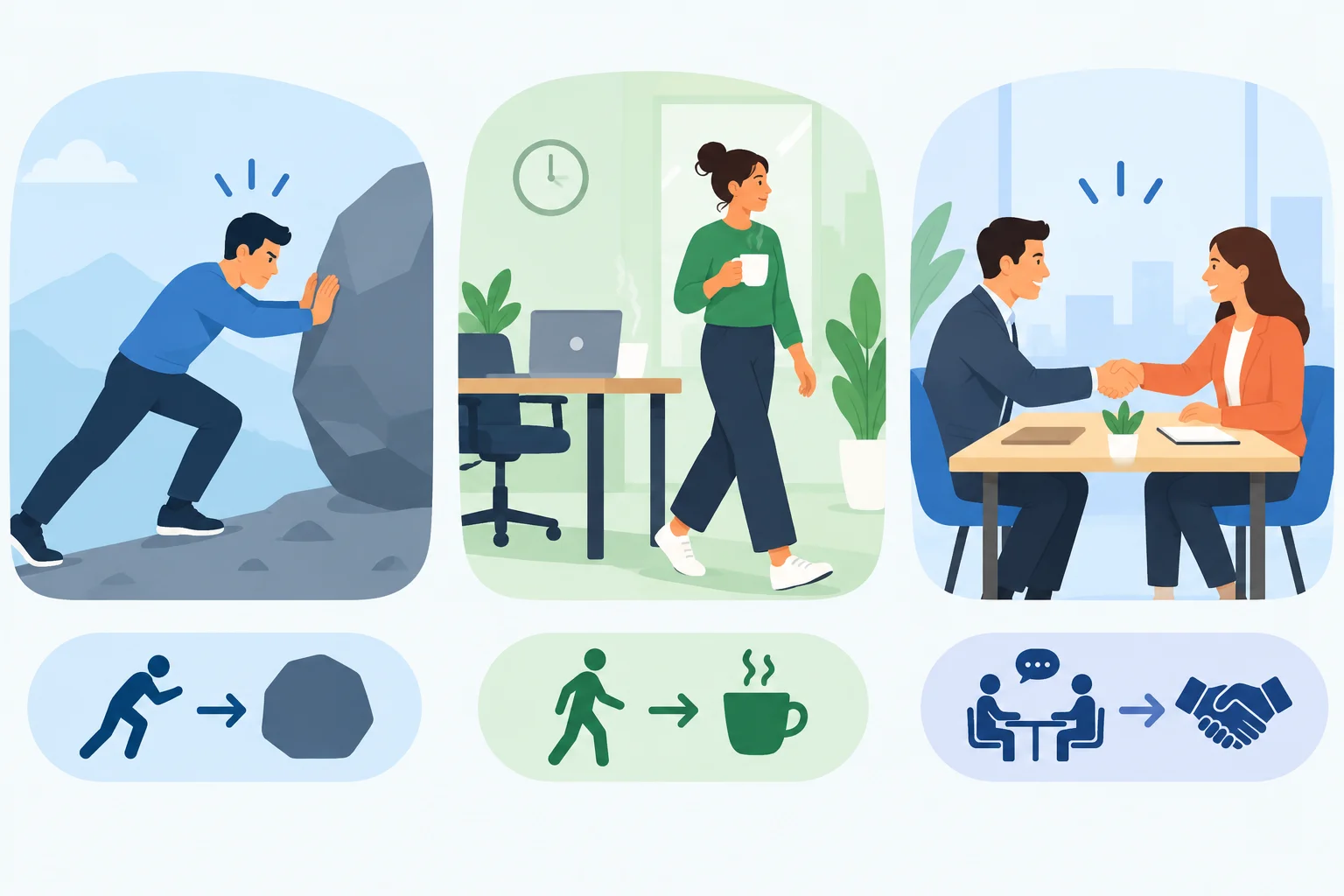 Três cenas: alguém se esforçando em uma tarefa, uma pessoa fazendo uma pausa e duas pessoas chegando a um acordo.