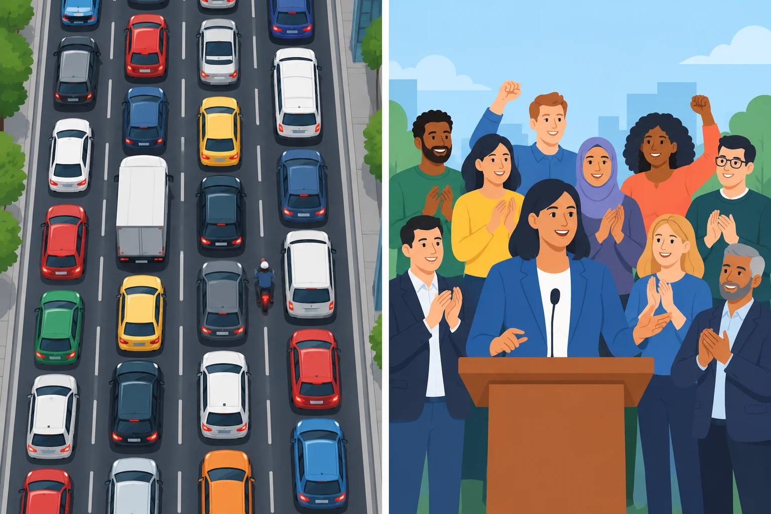 À esquerda, carros congestionados em várias faixas; à direita, um grupo apoiando uma pessoa que fala.