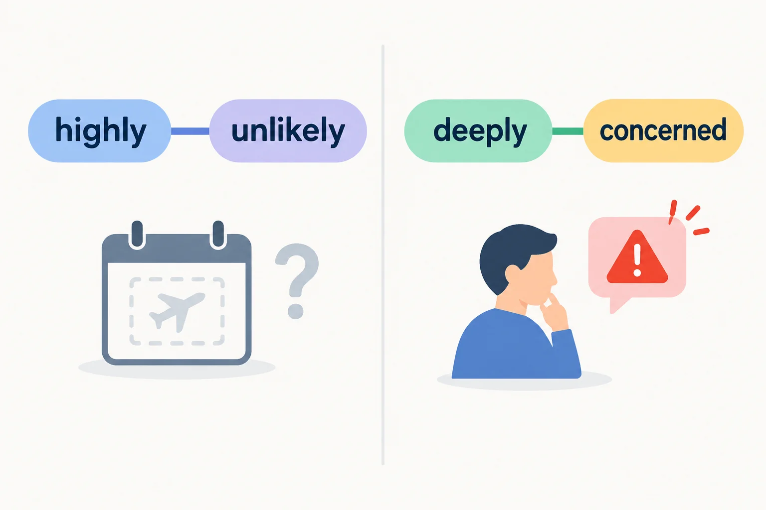 Diagrama com highly ligado a unlikely e deeply ligado a concerned, cada par associado a seu contexto.