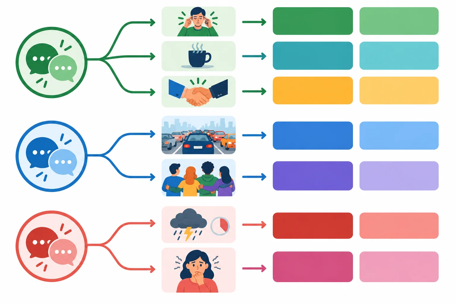 Diagrama com três grupos visuais: ações, situações e avaliações, cada um ligado a exemplos de contextos cotidianos.