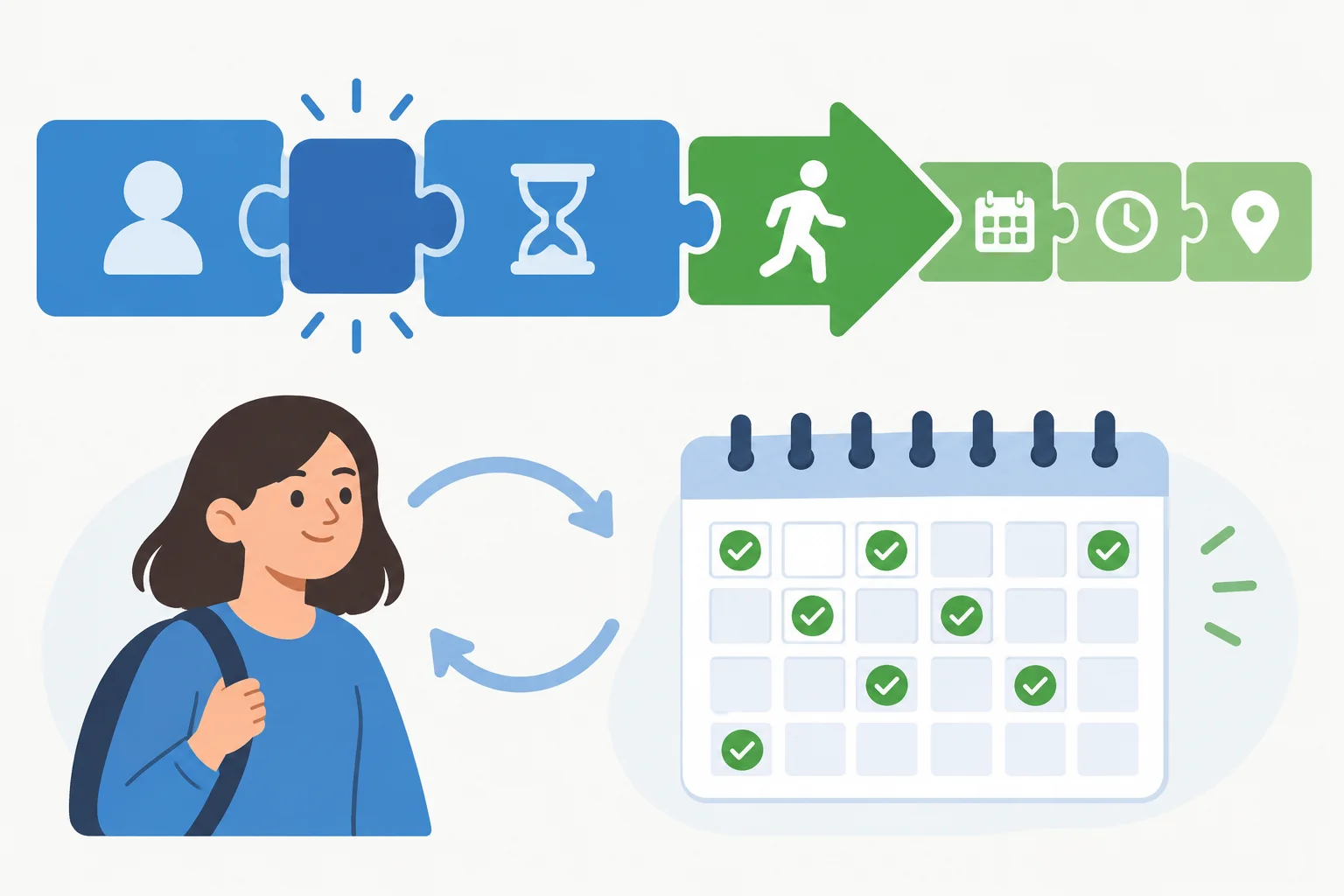Diagrama que separa a moldura I tend to do verbo e dos complementos, com um calendário que sugere recorrência, mas não todos os dias.
