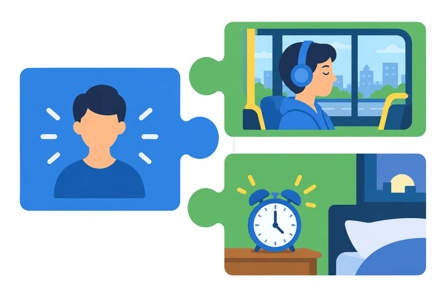 Diagrama com uma peça fixa ligada a duas informações variáveis: ouvir podcasts no ônibus e dormir cedo antes de uma reunião.