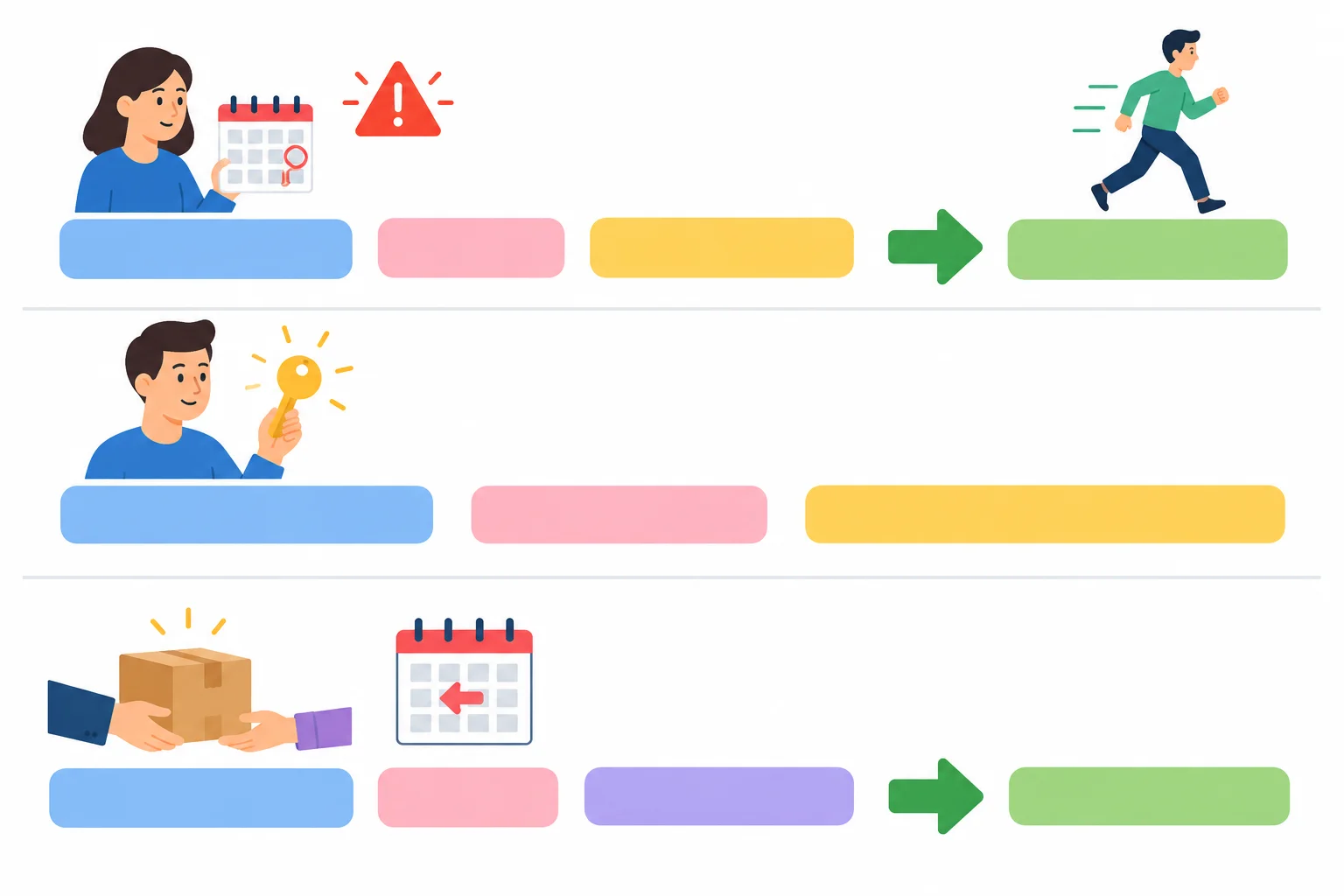 Diagrama que separa necessidade seguida de ação, posse e recebimento no passado.