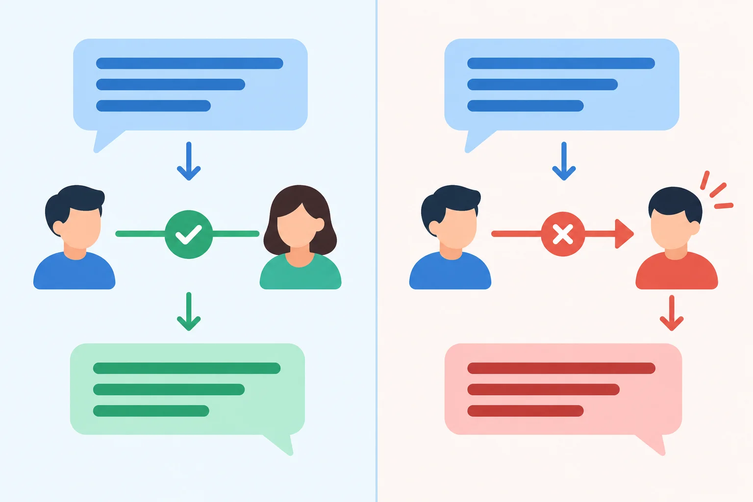 Diagrama comparando uma resposta que compartilha a situação e outra que mostra uma situação diferente.