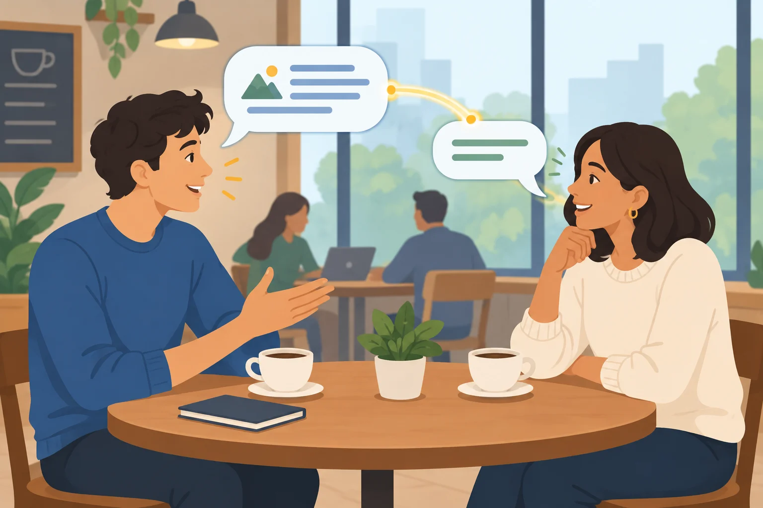 Diagrama de duas pessoas conversando, com uma ligação visual entre a proposta de uma e a resposta curta da outra.