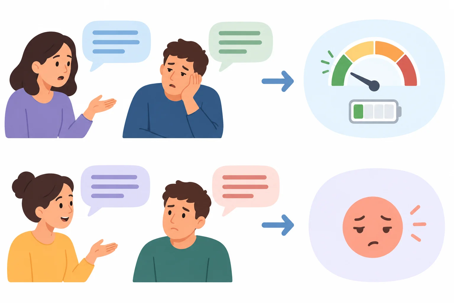 Diagrama com duas perguntas levando a interpretações de baixo grau ou negação atenuada.