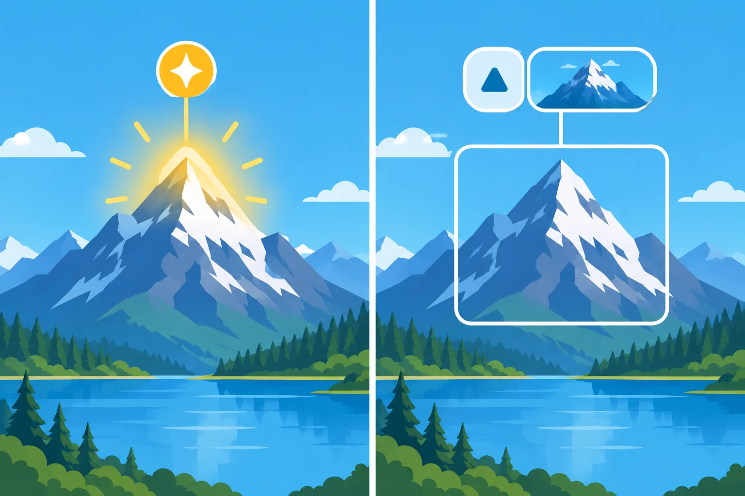 Comparação visual entre destacar uma característica da vista e destacar a vista como um grupo nominal.