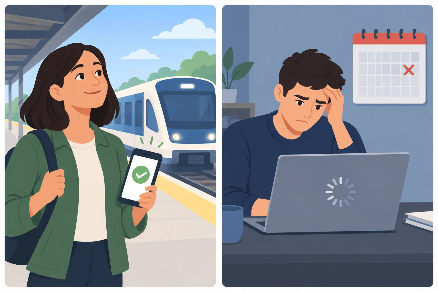 Comparação visual entre alívio após a solução de um problema e frustração diante de um atraso que continua.