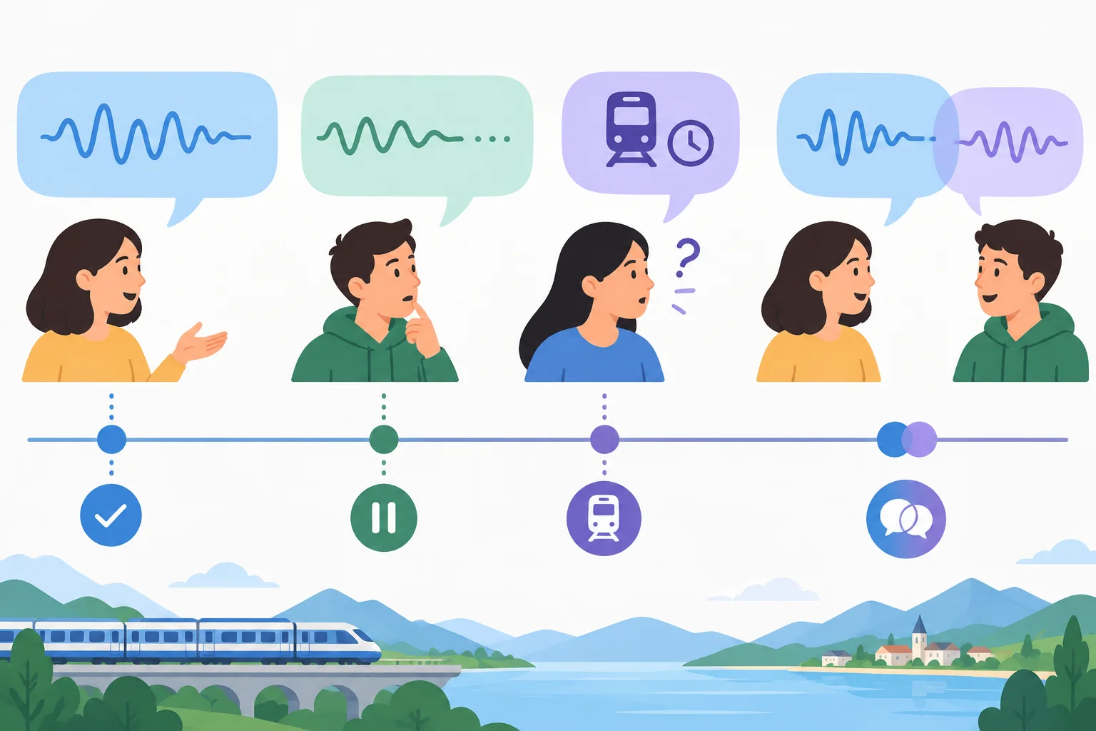 Diagrama de uma conversa com ponto de entrada, fala ainda em desenvolvimento, esclarecimento necessário e sobreposição interrompida.