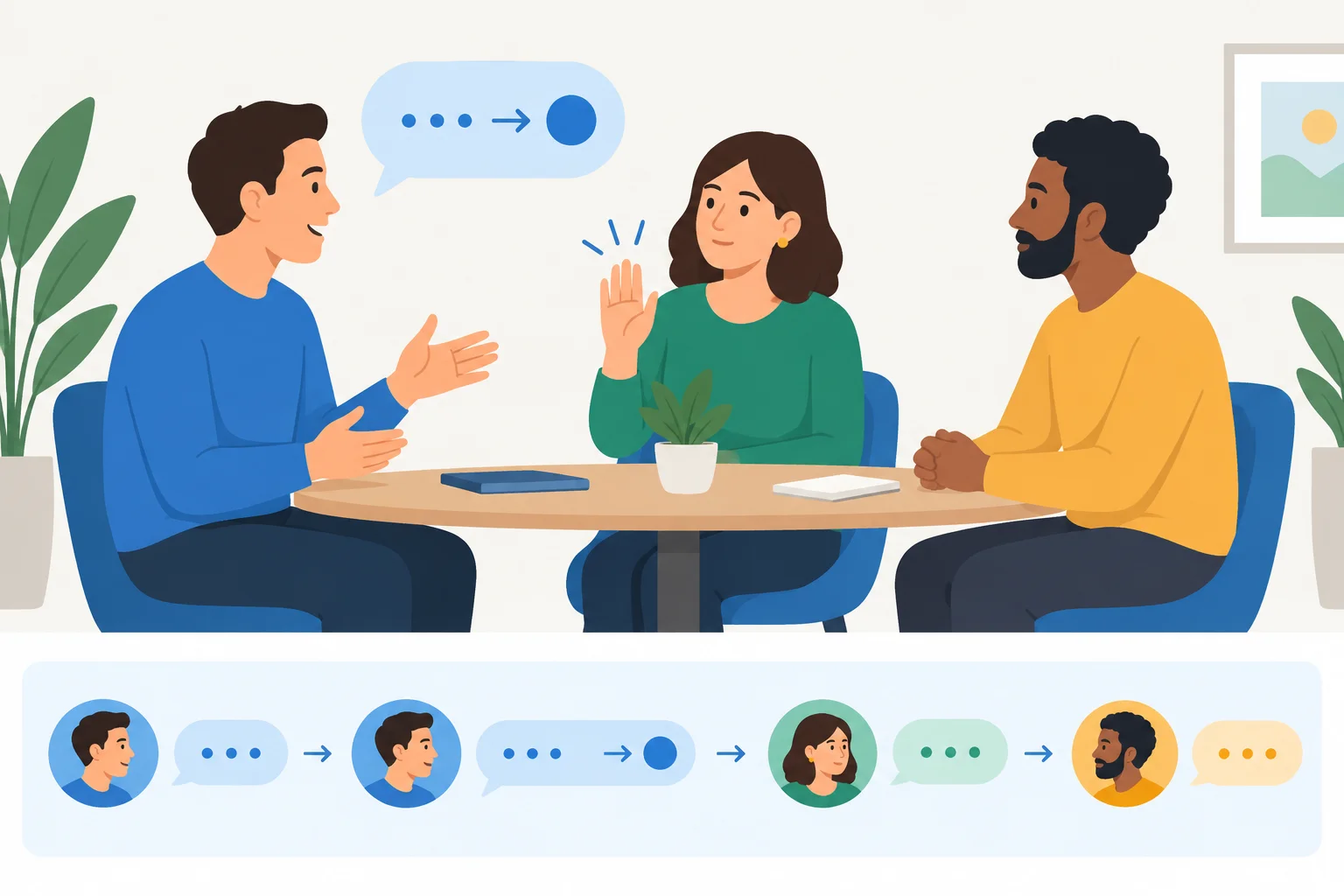 Diagrama de uma conversa em que uma pessoa conclui brevemente sua ideia enquanto outra aguarda.