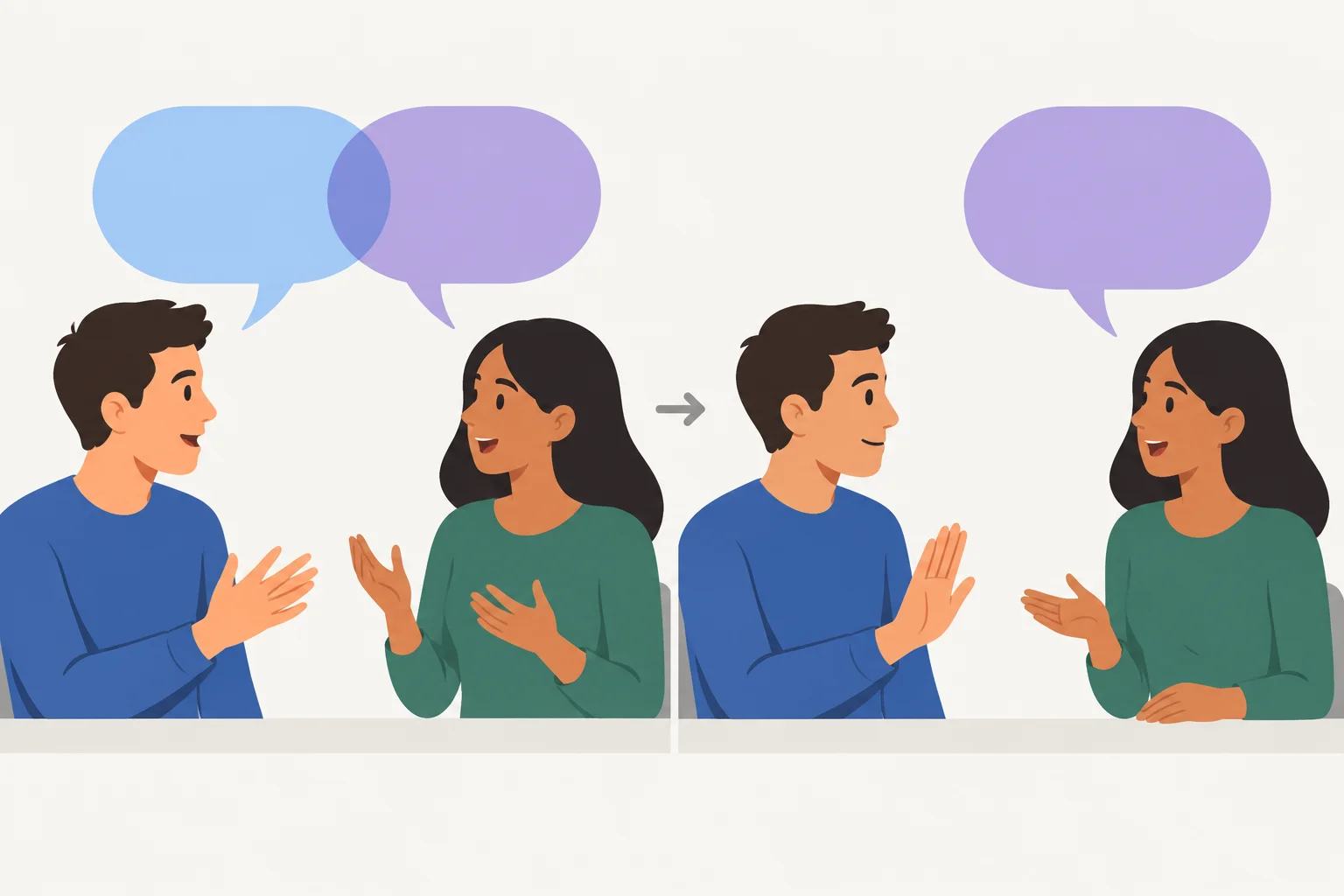 Diagrama de duas pessoas começando a falar juntas; uma para e a outra continua.