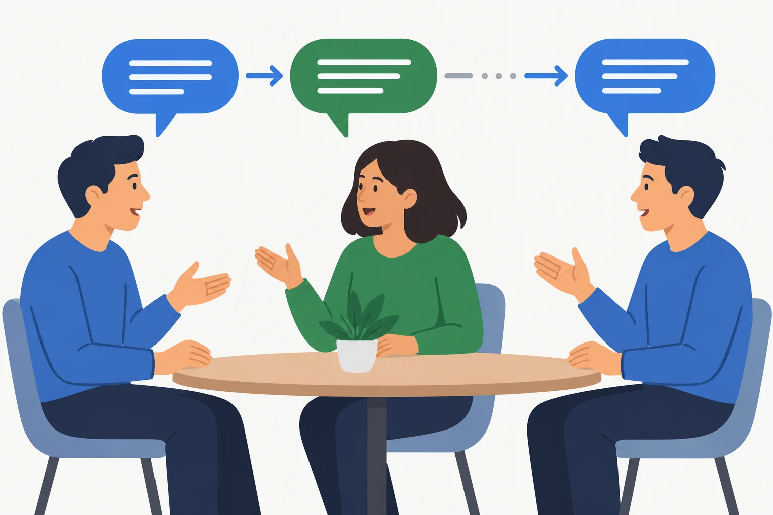Diagrama de três participantes: uma fala é interrompida, outra pessoa conclui e a primeira pessoa continua depois de uma pausa.