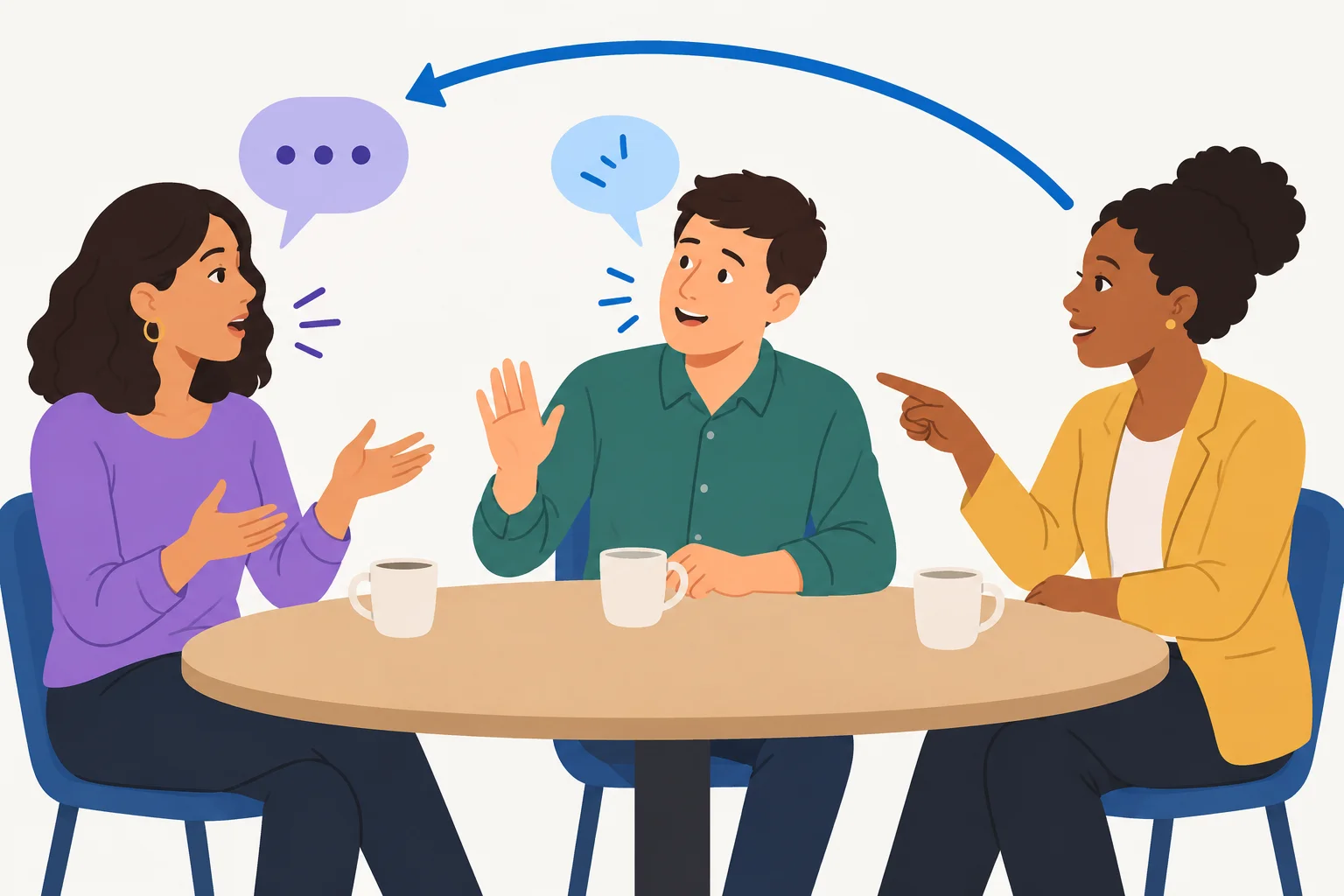 Diagrama de uma conversa entre três pessoas: Maya é interrompida e o turno volta para ela.