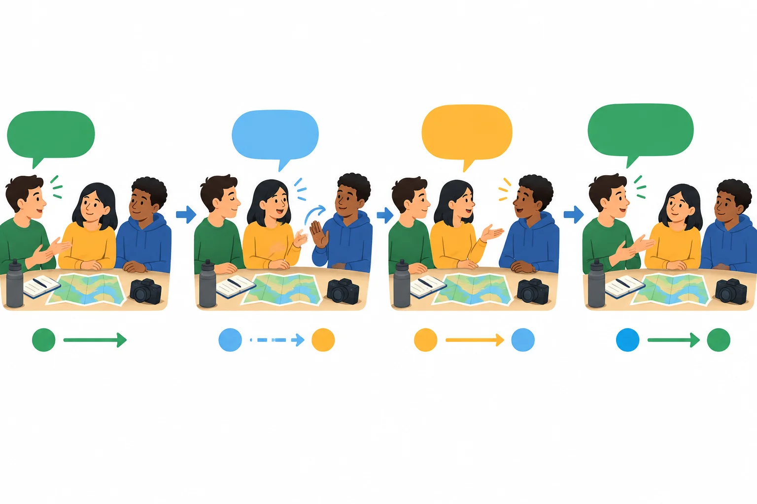 Diagrama com três participantes e setas mostrando a passagem da palavra: concluir, ceder, convidar e devolver o turno.