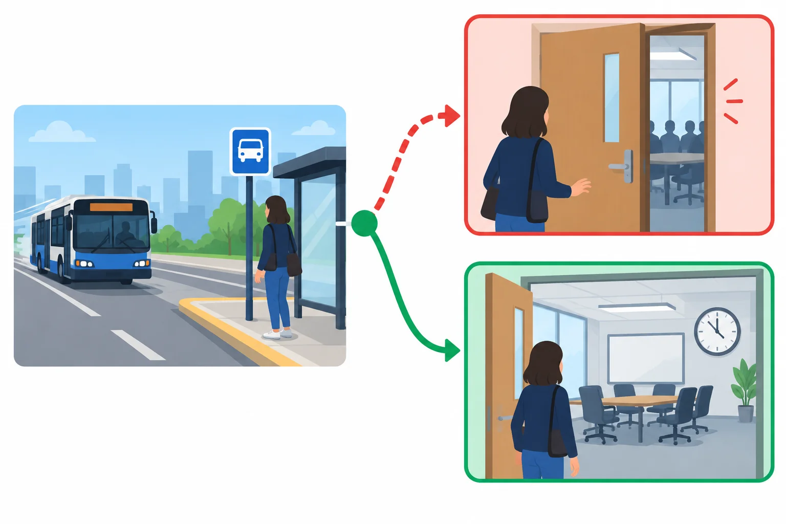 Diagrama de um ônibus atrasado com dois resultados possíveis: perder ou não perder uma reunião.