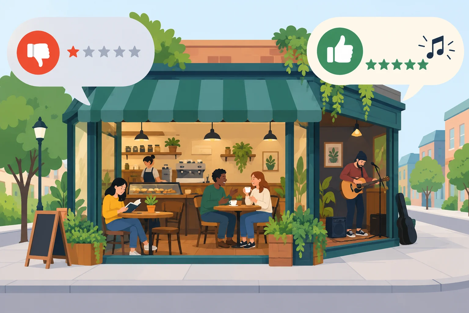 Ilustração de um café sendo avaliado de duas maneiras diferentes.