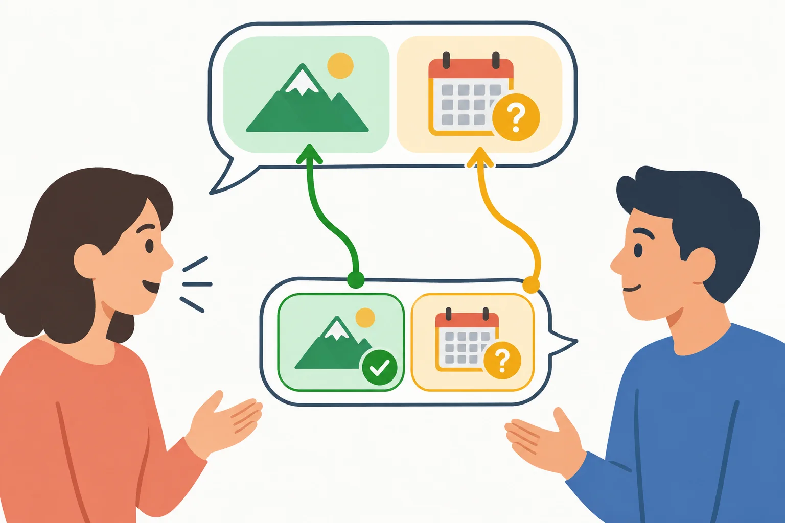 Diagrama de uma fala com dois pontos e uma resposta que aceita o primeiro, mas questiona o segundo.