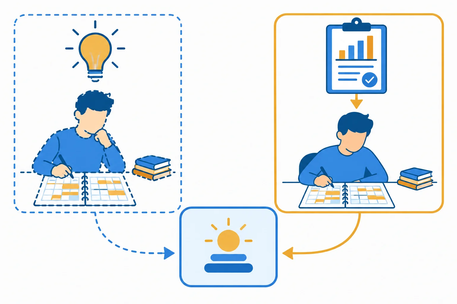 Diagrama dividido: à esquerda, uma situação imaginada com contornos tracejados; à direita, um caso relatado ligado a um documento, com contornos contínuos.