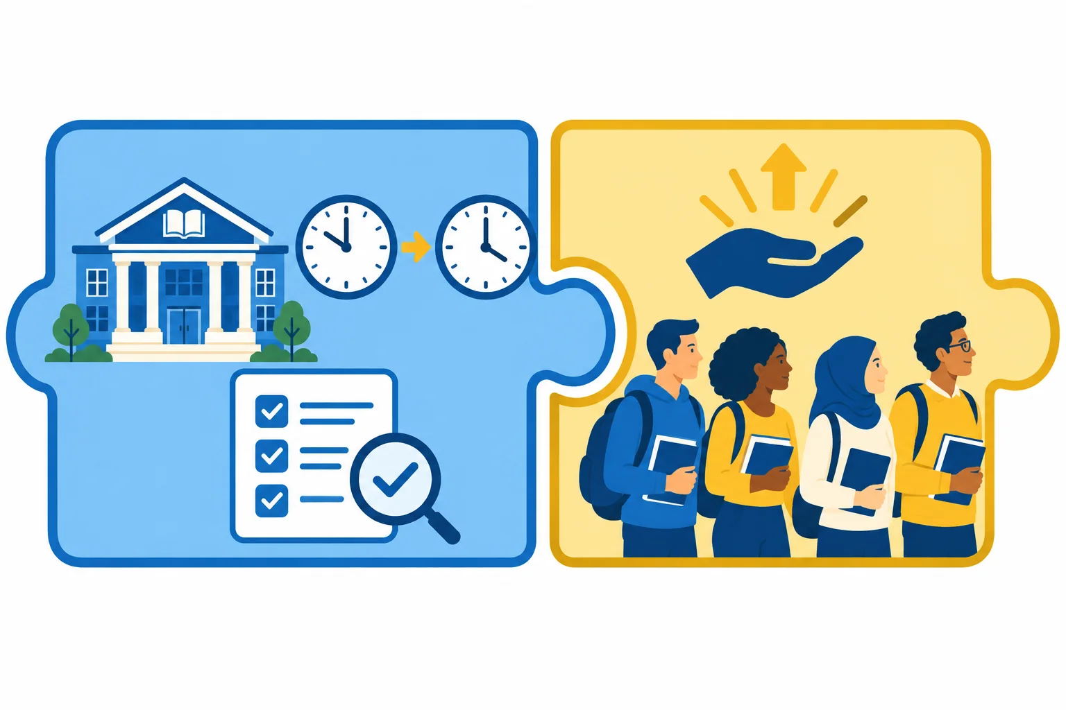 Diagrama com duas peças conectadas: uma mostra biblioteca e horário verificável; a outra mostra estudantes e o efeito avaliado como útil.