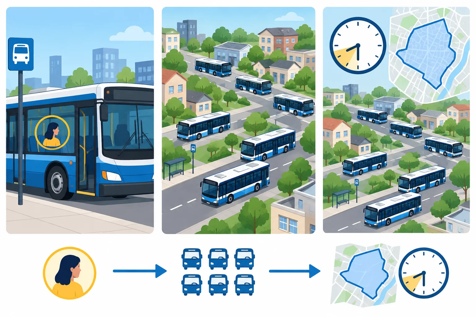 Diagrama com um ônibus específico, vários ônibus e vários ônibus delimitados por lugar e horário.