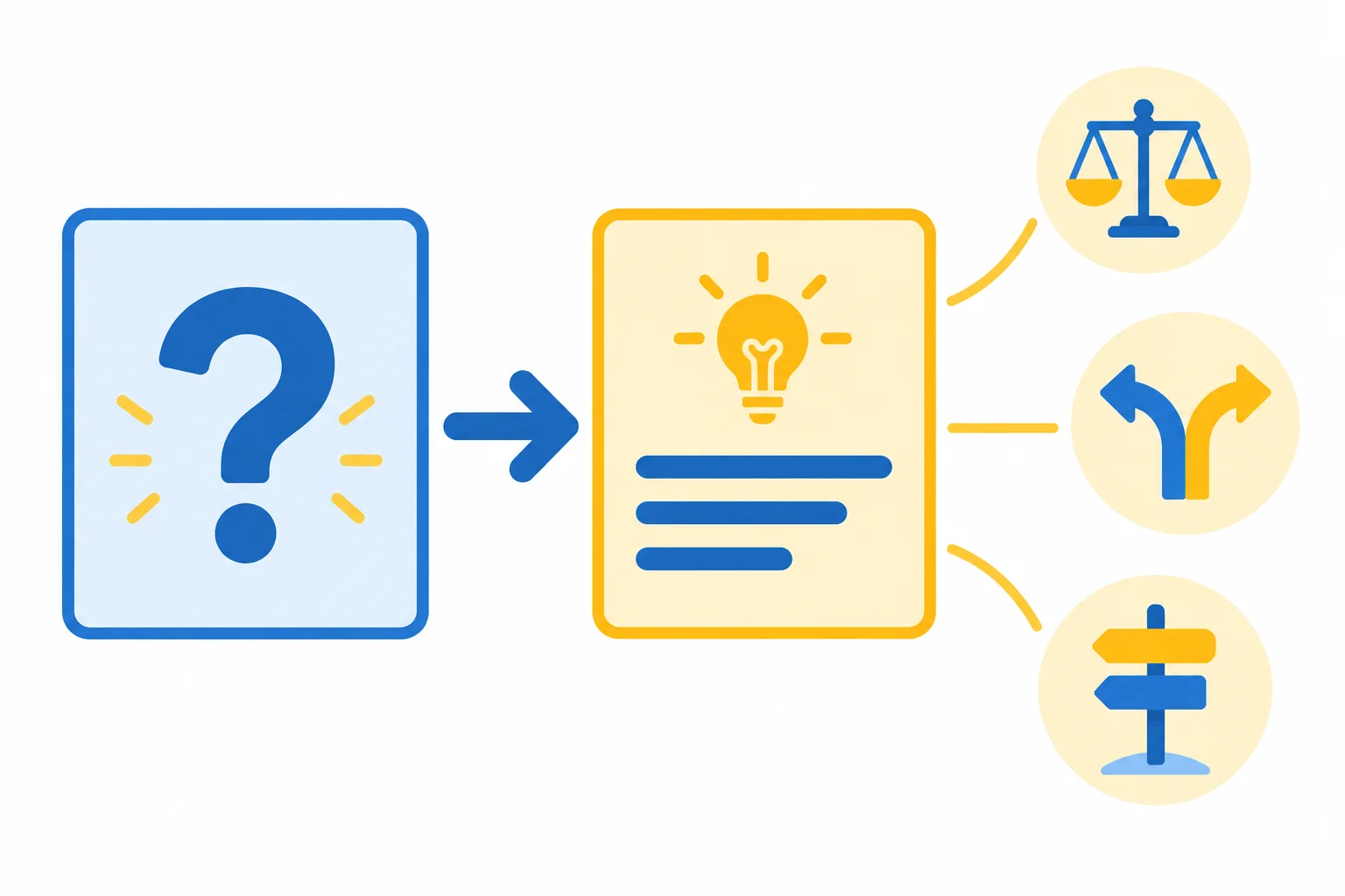 Diagrama mostrando a passagem de uma pergunta para uma afirmação de posição, com símbolos de avaliação, escolha e recomendação.