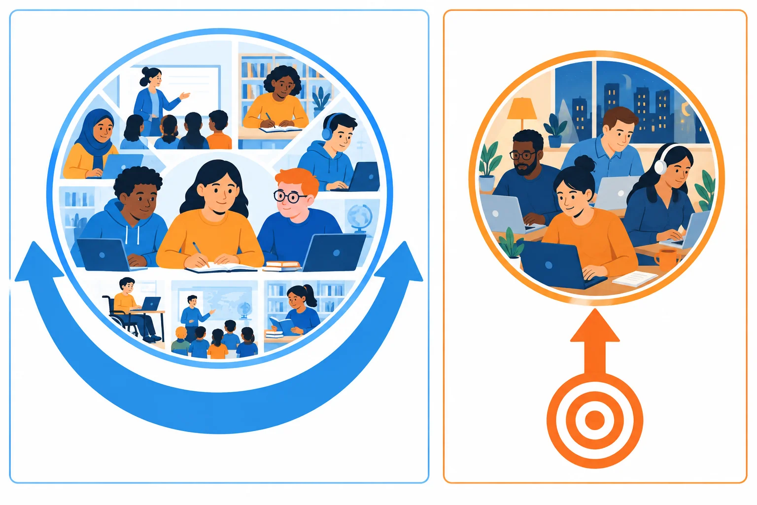 Diagrama comparando uma afirmação que abrange muitos estudantes com outra focada em adultos que trabalham.