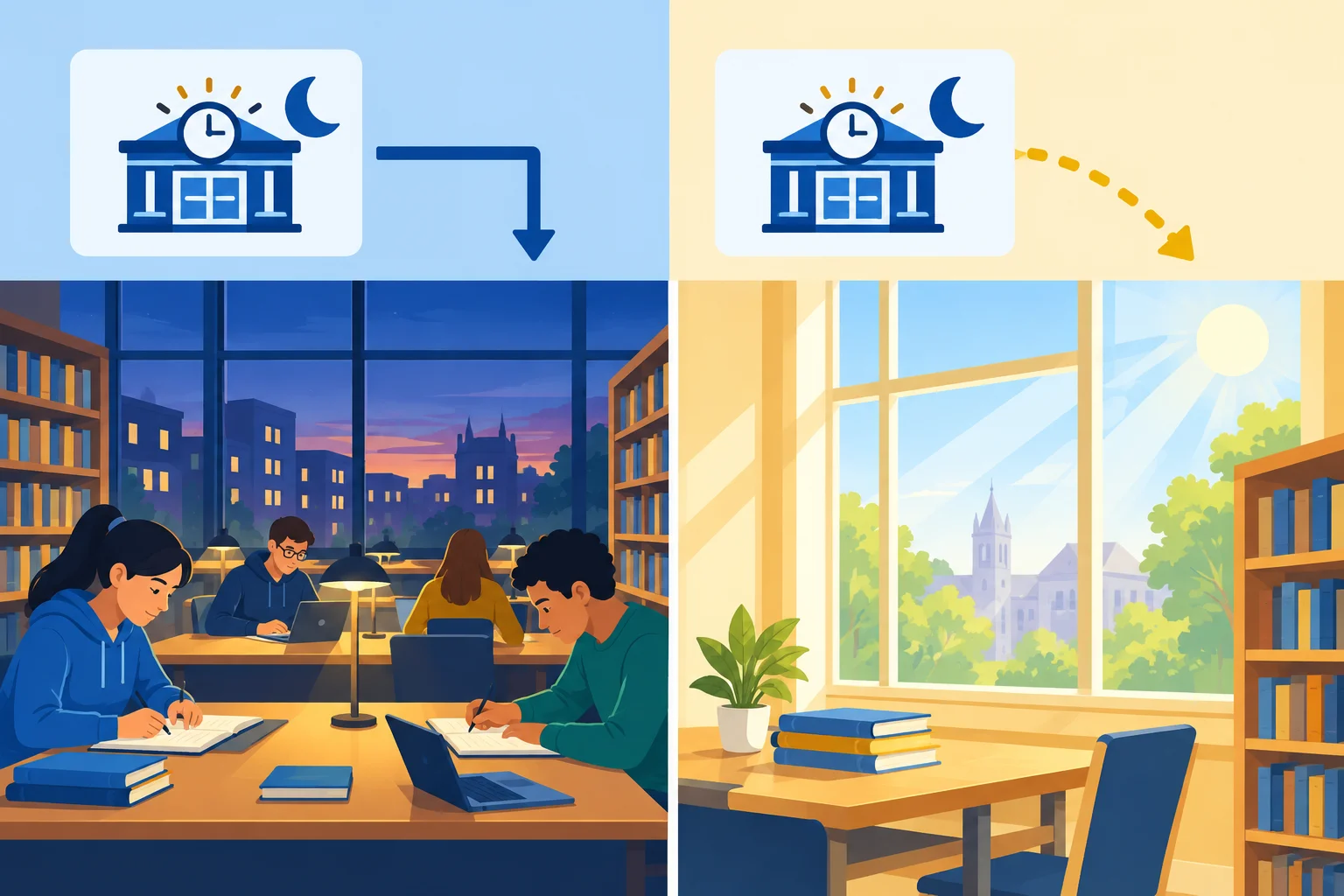 Diagrama comparando uma razão sobre estudantes estudando à noite, ligada por seta contínua à ideia de ampliar o horário da biblioteca, e uma razão sobre janelas grandes, sem ligação lógica.