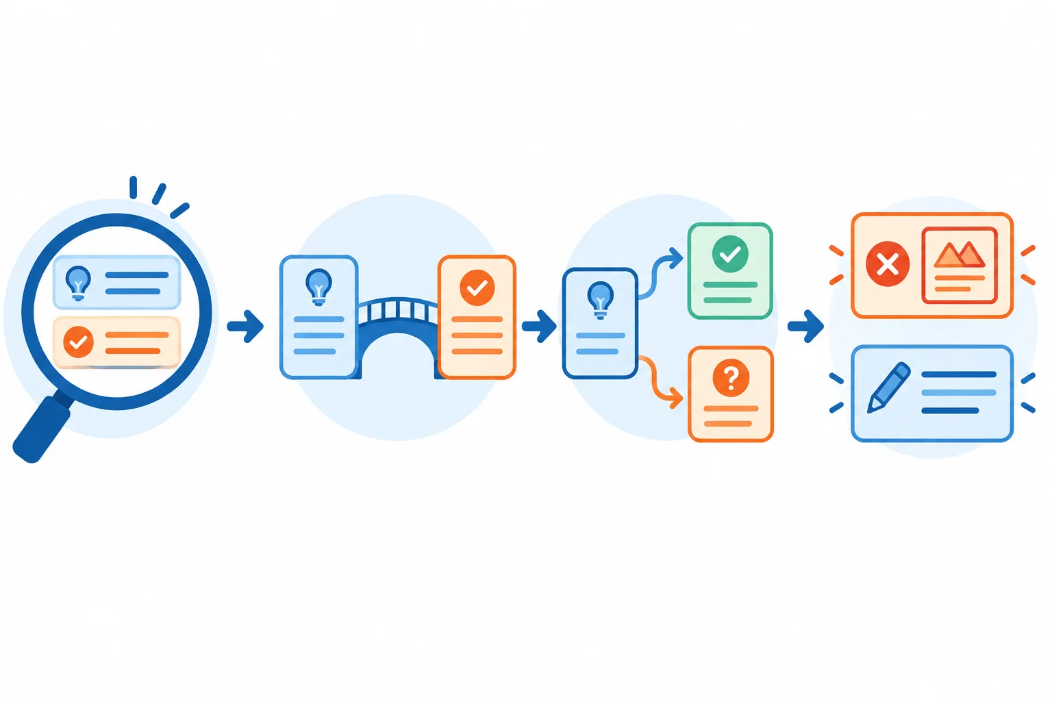 Diagrama de quatro etapas: verificar relevância, encontrar a ponte implícita, testar a conclusão e responder com contraexemplo ou reformulação.