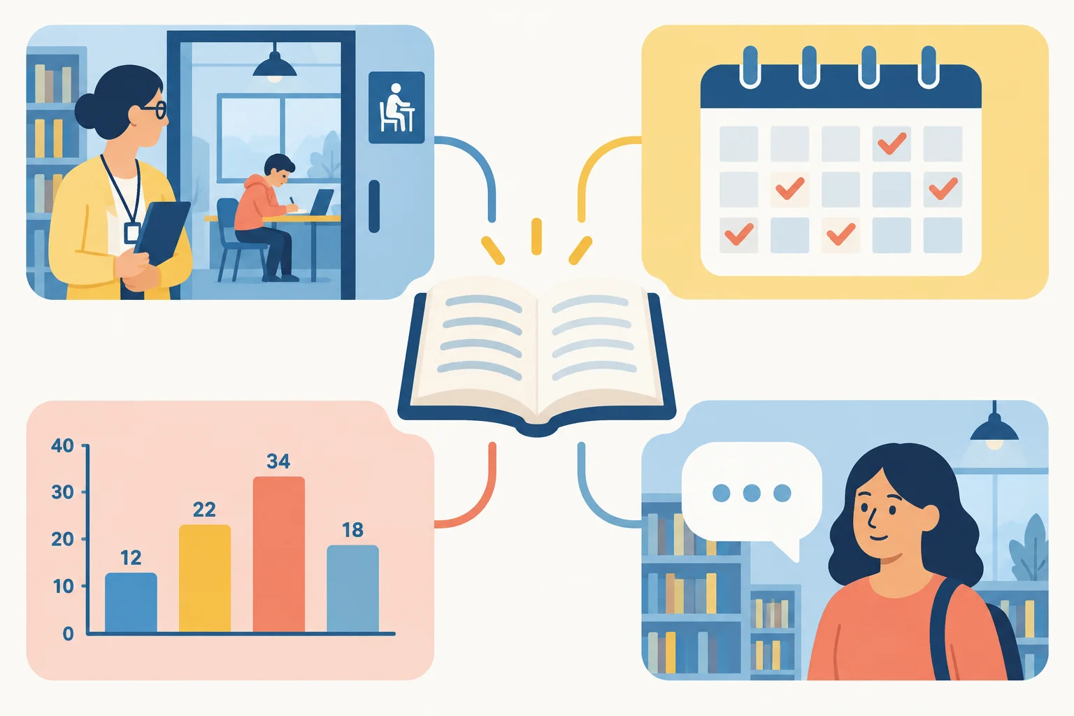 Quatro formas de apoio em uma biblioteca: observação, registro, dados numéricos e relato de experiência.
