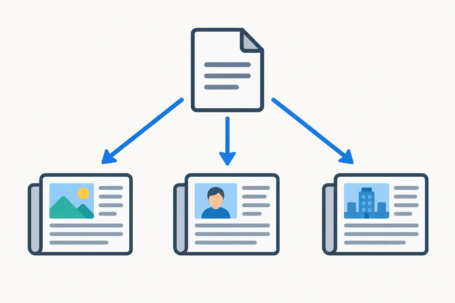 Diagrama ramificado em que um único documento central alimenta três publicações.