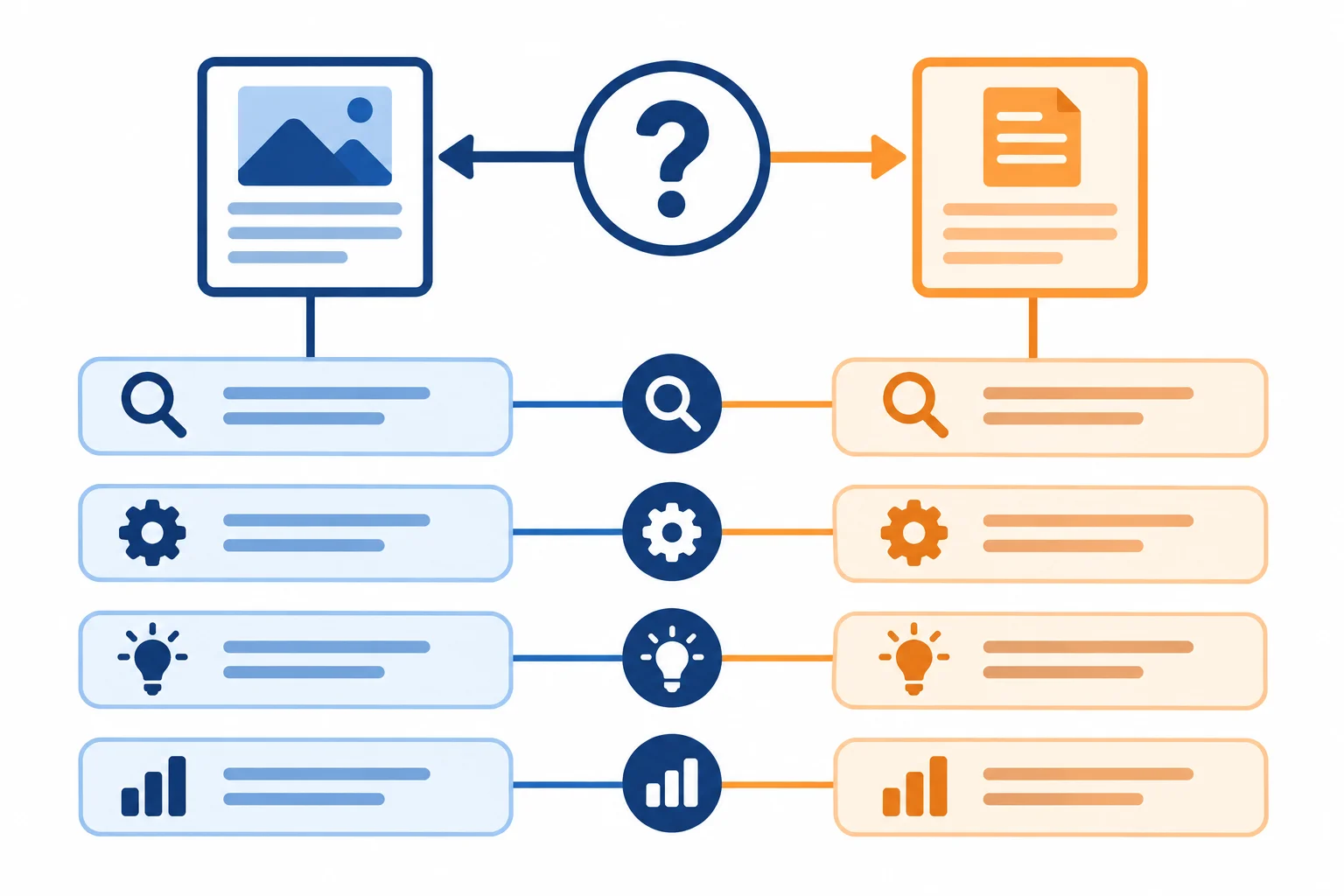 Diagrama em que uma pergunta central conecta dois documentos e aspectos correspondentes.